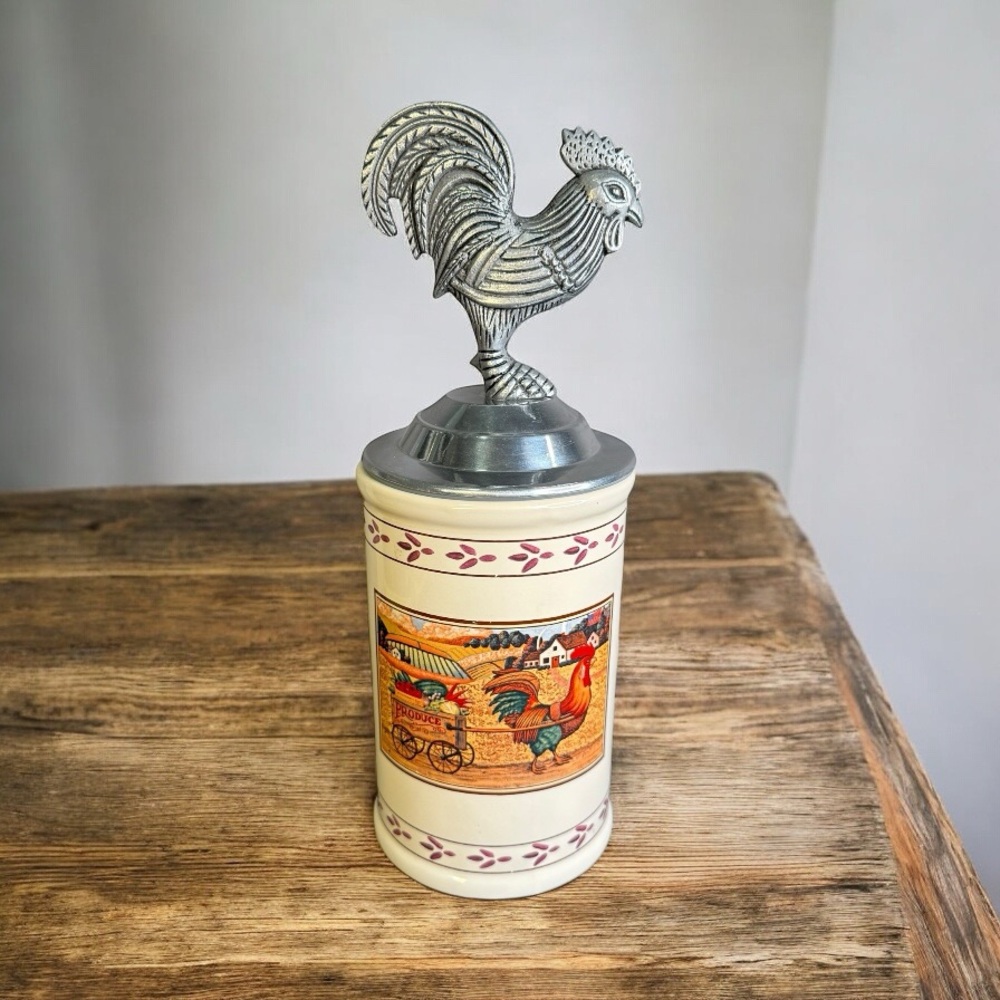 VINTAGE ROOSTER CERAMIC CANISTER WITH METAL LID – FARMHOUSE COUNTRY KITCHEN